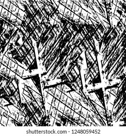 Grunge overlay layer. Abstract black and white vector background. Monochrome vintage surface with dirty pattern in cracks, spots, dots. Old painted wall in dark horror style design