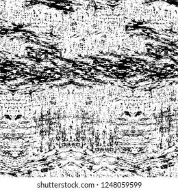 Grunge overlay layer. Abstract black and white vector background. Monochrome vintage surface with dirty pattern in cracks, spots, dots. Old painted wall in dark horror style design