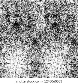 Grunge overlay layer. Abstract black and white vector background. Monochrome vintage surface with dirty pattern in cracks, spots, dots. Old painted wall in dark horror style design