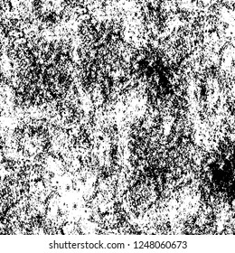 Grunge overlay layer. Abstract black and white vector background. Monochrome vintage surface with dirty pattern in cracks, spots, dots. Old painted wall in dark horror style design
