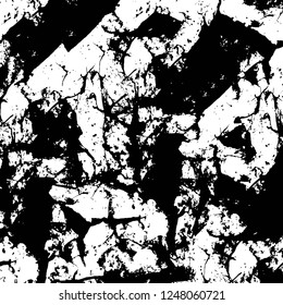 Grunge overlay layer. Abstract black and white vector background. Monochrome vintage surface with dirty pattern in cracks, spots, dots. Old painted wall in dark horror style design