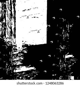 Grunge overlay layer. Abstract black and white vector background. Monochrome vintage surface with dirty pattern in cracks, spots, dots. Old painted wall in dark horror style design