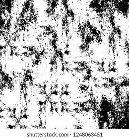 Grunge overlay layer. Abstract black and white vector background. Monochrome vintage surface with dirty pattern in cracks, spots, dots. Old painted wall in dark horror style design