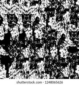 Grunge overlay layer. Abstract black and white vector background. Monochrome vintage surface with dirty pattern in cracks, spots, dots. Old painted wall in dark horror style design