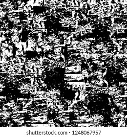 Grunge overlay layer. Abstract black and white vector background. Monochrome vintage surface with dirty pattern in cracks, spots, dots. Old painted wall in dark horror style design