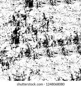 Grunge overlay layer. Abstract black and white vector background. Monochrome vintage surface with dirty pattern in cracks, spots, dots. Old painted wall in dark horror style design