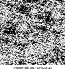 Grunge overlay layer. Abstract black and white vector background. Monochrome vintage surface with dirty pattern in cracks, spots, dots. Old painted wall in dark horror style design