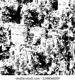 Grunge overlay layer. Abstract black and white vector background. Monochrome vintage surface with dirty pattern in cracks, spots, dots. Old painted wall in dark horror style design
