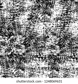Grunge overlay layer. Abstract black and white vector background. Monochrome vintage surface with dirty pattern in cracks, spots, dots. Old painted wall in dark horror style design
