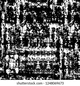 Grunge overlay layer. Abstract black and white vector background. Monochrome vintage surface with dirty pattern in cracks, spots, dots. Old painted wall in dark horror style design