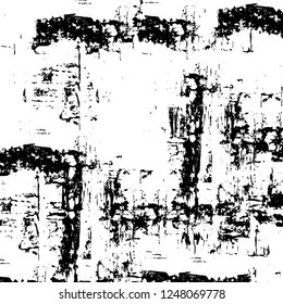 Grunge overlay layer. Abstract black and white vector background. Monochrome vintage surface with dirty pattern in cracks, spots, dots. Old painted wall in dark horror style design
