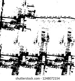 Grunge overlay layer. Abstract black and white vector background. Monochrome vintage surface with dirty pattern in cracks, spots, dots. Old painted wall in dark horror style design