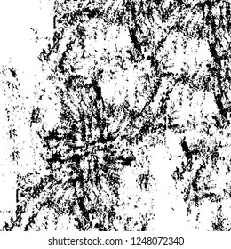 Grunge overlay layer. Abstract black and white vector background. Monochrome vintage surface with dirty pattern in cracks, spots, dots. Old painted wall in dark horror style design