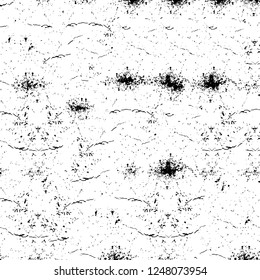 Grunge overlay layer. Abstract black and white vector background. Monochrome vintage surface with dirty pattern in cracks, spots, dots. Old painted wall in dark horror style design