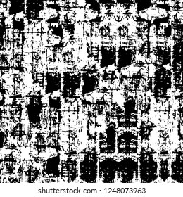 Grunge overlay layer. Abstract black and white vector background. Monochrome vintage surface with dirty pattern in cracks, spots, dots. Old painted wall in dark horror style design