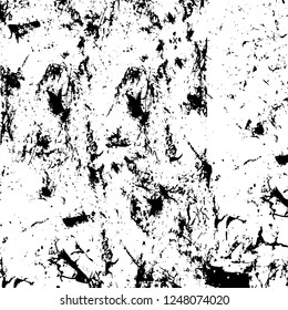 Grunge overlay layer. Abstract black and white vector background. Monochrome vintage surface with dirty pattern in cracks, spots, dots. Old painted wall in dark horror style design