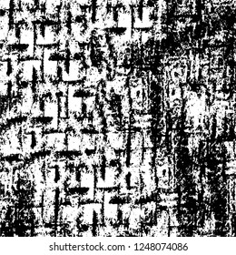 Grunge overlay layer. Abstract black and white vector background. Monochrome vintage surface with dirty pattern in cracks, spots, dots. Old painted wall in dark horror style design