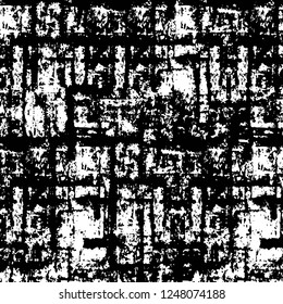 Grunge overlay layer. Abstract black and white vector background. Monochrome vintage surface with dirty pattern in cracks, spots, dots. Old painted wall in dark horror style design
