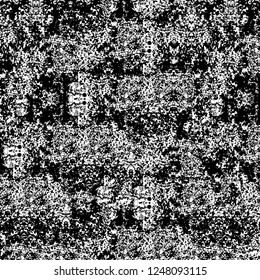 Grunge overlay layer. Abstract black and white vector background. Monochrome vintage surface with dirty pattern in cracks, spots, dots. Old painted wall in dark horror style design