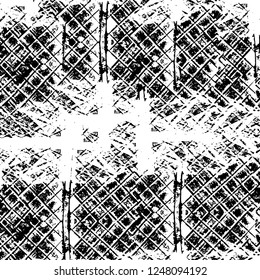 Grunge overlay layer. Abstract black and white vector background. Monochrome vintage surface with dirty pattern in cracks, spots, dots. Old painted wall in dark horror style design