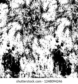 Grunge overlay layer. Abstract black and white vector background. Monochrome vintage surface with dirty pattern in cracks, spots, dots. Old painted wall in dark horror style design