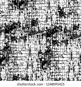 Grunge overlay layer. Abstract black and white vector background. Monochrome vintage surface with dirty pattern in cracks, spots, dots. Old painted wall in dark horror style design