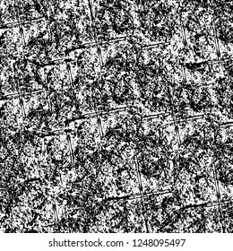 Grunge overlay layer. Abstract black and white vector background. Monochrome vintage surface with dirty pattern in cracks, spots, dots. Old painted wall in dark horror style design