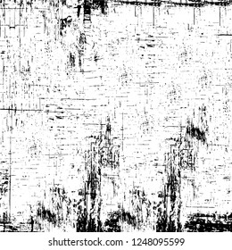 Grunge overlay layer. Abstract black and white vector background. Monochrome vintage surface with dirty pattern in cracks, spots, dots. Old painted wall in dark horror style design