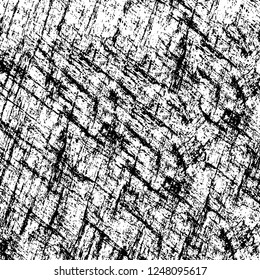 Grunge overlay layer. Abstract black and white vector background. Monochrome vintage surface with dirty pattern in cracks, spots, dots. Old painted wall in dark horror style design