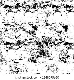 Grunge overlay layer. Abstract black and white vector background. Monochrome vintage surface with dirty pattern in cracks, spots, dots. Old painted wall in dark horror style design