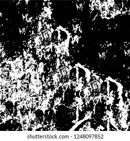 Grunge overlay layer. Abstract black and white vector background. Monochrome vintage surface with dirty pattern in cracks, spots, dots. Old painted wall in dark horror style design