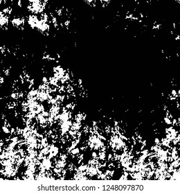 Grunge overlay layer. Abstract black and white vector background. Monochrome vintage surface with dirty pattern in cracks, spots, dots. Old painted wall in dark horror style design