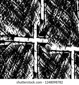 Grunge overlay layer. Abstract black and white vector background. Monochrome vintage surface with dirty pattern in cracks, spots, dots. Old painted wall in dark horror style design
