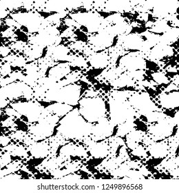 Grunge overlay layer. Abstract black and white vector background. Monochrome vintage surface with dirty pattern in cracks, spots, dots. Old painted wall in dark horror style design