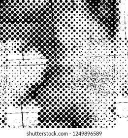 Grunge overlay layer. Abstract black and white vector background. Monochrome vintage surface with dirty pattern in cracks, spots, dots. Old painted wall in dark horror style design