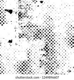 Grunge overlay layer. Abstract black and white vector background. Monochrome vintage surface with dirty pattern in cracks, spots, dots. Old painted wall in dark horror style design