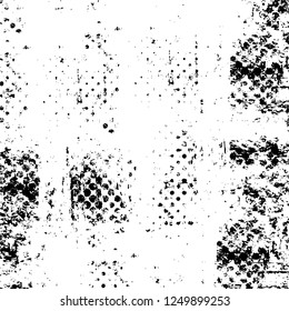 Grunge overlay layer. Abstract black and white vector background. Monochrome vintage surface with dirty pattern in cracks, spots, dots. Old painted wall in dark horror style design