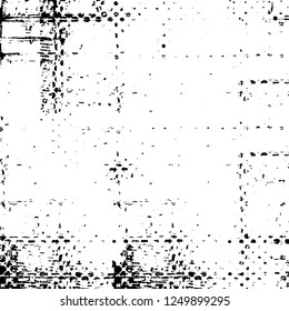 Grunge overlay layer. Abstract black and white vector background. Monochrome vintage surface with dirty pattern in cracks, spots, dots. Old painted wall in dark horror style design