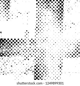 Grunge overlay layer. Abstract black and white vector background. Monochrome vintage surface with dirty pattern in cracks, spots, dots. Old painted wall in dark horror style design