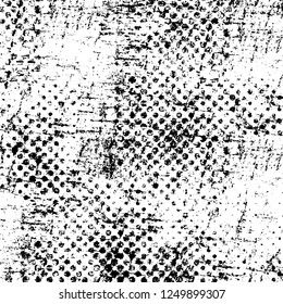 Grunge overlay layer. Abstract black and white vector background. Monochrome vintage surface with dirty pattern in cracks, spots, dots. Old painted wall in dark horror style design