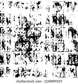 Grunge overlay layer. Abstract black and white vector background. Monochrome vintage surface with dirty pattern in cracks, spots, dots. Old painted wall in dark horror style design
