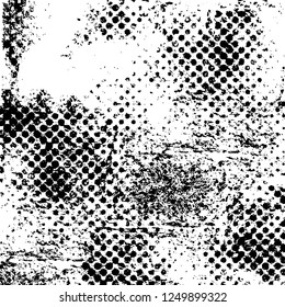 Grunge overlay layer. Abstract black and white vector background. Monochrome vintage surface with dirty pattern in cracks, spots, dots. Old painted wall in dark horror style design