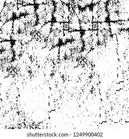 Grunge overlay layer. Abstract black and white vector background. Monochrome vintage surface with dirty pattern in cracks, spots, dots. Old painted wall in dark horror style design