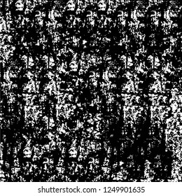 Grunge overlay layer. Abstract black and white vector background. Monochrome vintage surface with dirty pattern in cracks, spots, dots. Old painted wall in dark horror style design
