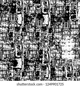Grunge overlay layer. Abstract black and white vector background. Monochrome vintage surface with dirty pattern in cracks, spots, dots. Old painted wall in dark horror style design