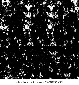 Grunge overlay layer. Abstract black and white vector background. Monochrome vintage surface with dirty pattern in cracks, spots, dots. Old painted wall in dark horror style design