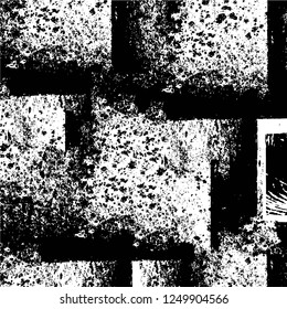 Grunge overlay layer. Abstract black and white vector background. Monochrome vintage surface with dirty pattern in cracks, spots, dots. Old painted wall in dark horror style design