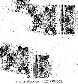 Grunge overlay layer. Abstract black and white vector background. Monochrome vintage surface with dirty pattern in cracks, spots, dots. Old painted wall in dark horror style design
