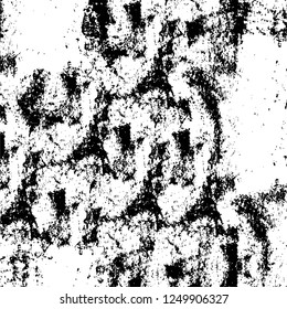 Grunge overlay layer. Abstract black and white vector background. Monochrome vintage surface with dirty pattern in cracks, spots, dots. Old painted wall in dark horror style design