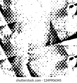 Grunge overlay layer. Abstract black and white vector background. Monochrome vintage surface with dirty pattern in cracks, spots, dots. Old painted wall in dark horror style design
